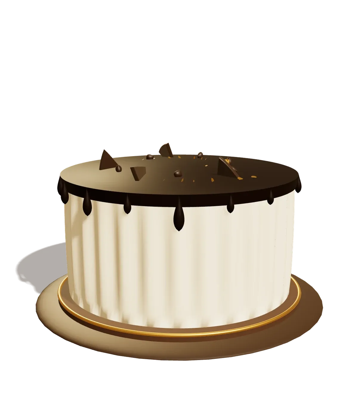 A chocolate layer cake with poured ganache, piped frosting and gold leaf, lit warmly.