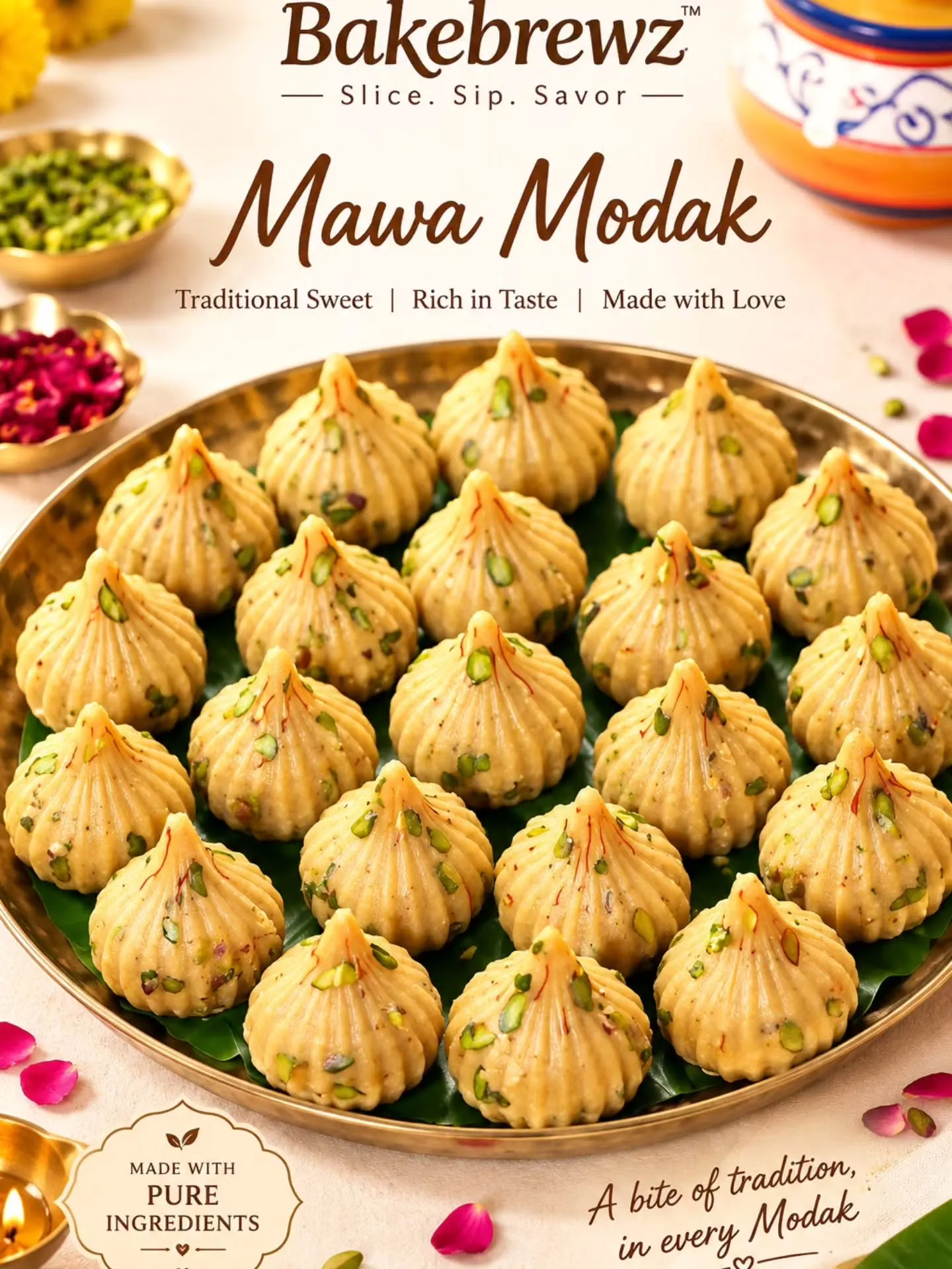 BakeBrewz Mawa Modak poster showing a brass tray of pistachio-flecked modaks.