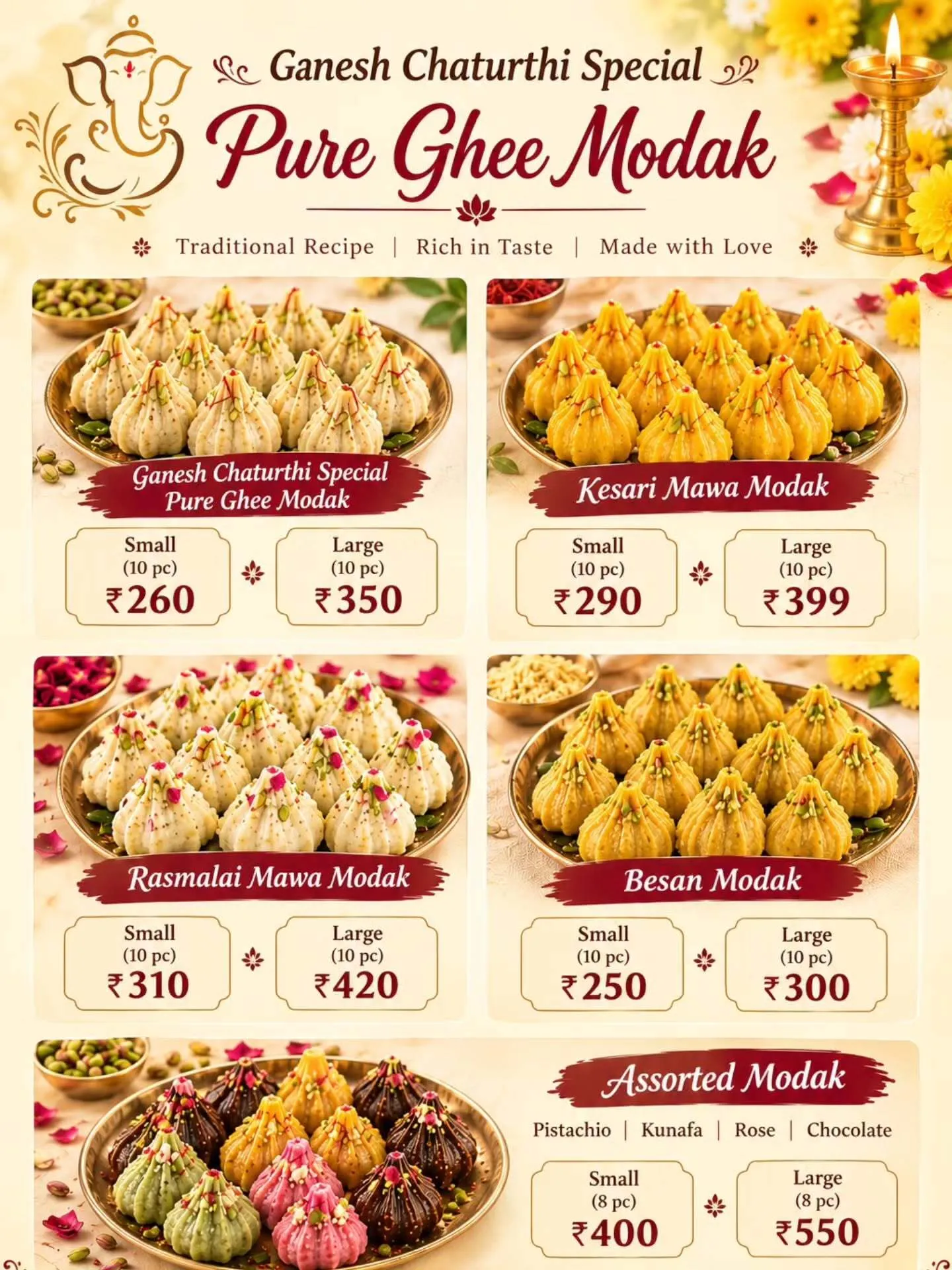 BakeBrewz modak price list showing eleven varieties with rupee prices for small and large boxes.