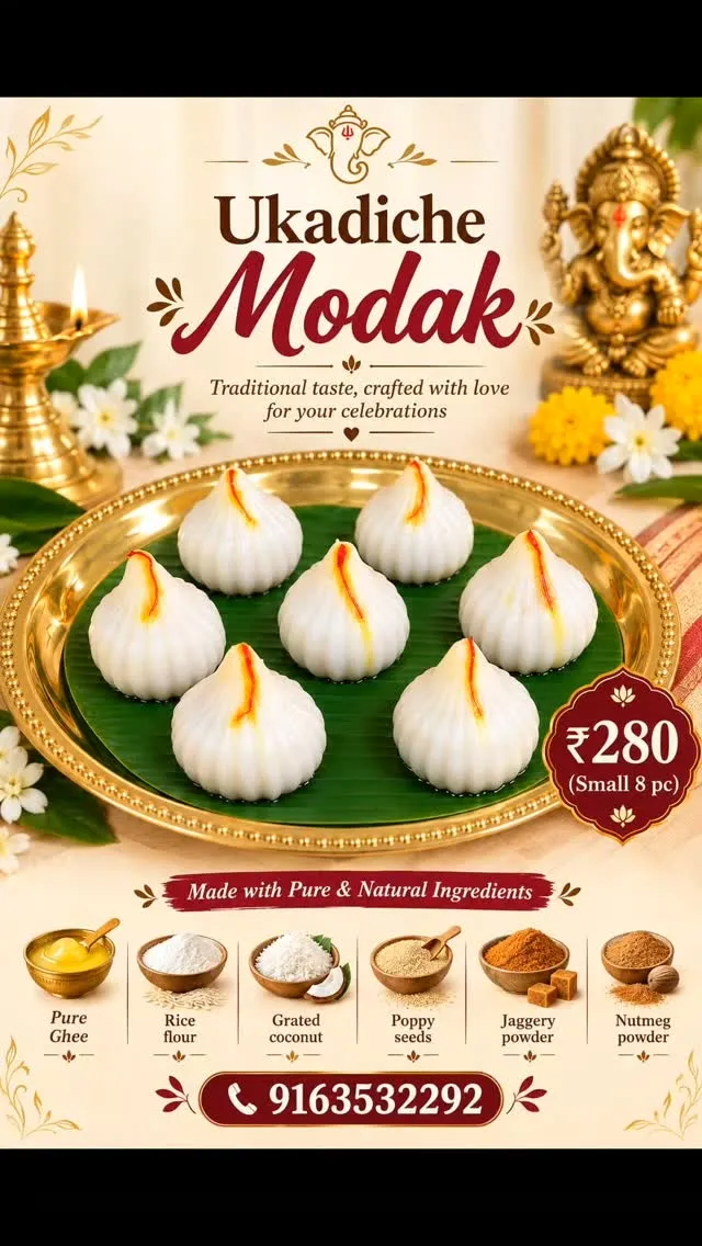 BakeBrewz Ukadiche Modak poster: eight modaks on a gold plate with a ₹280 price tag.